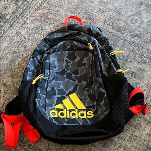 Adidas Black and Gray Camouflage Backpack with Yellow Logo